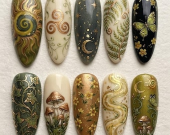 Whimsical Woodland Forest Press On Nails | Vintage Celestial Mushroom Green Fake Nails