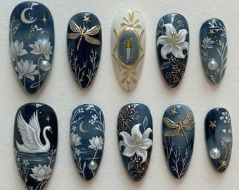 Handmade Mystical Swan Lake Press On Nails | 3D Dragonfly & Lily Art | Luxury Midnight Blue Moon And Pearl Almond Set