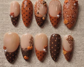 Handmade Press On Nails: Autumn Pumpkin & Acorn 3D Art, Brown Orange French Polka Dot, Fall Leaves Thanksgiving Nails Set