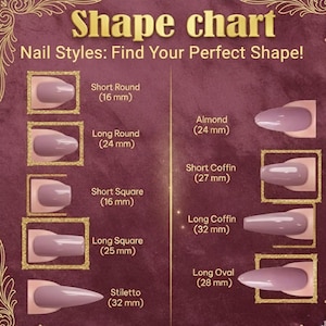 Puede incluir: Un gr&aacute;fico de formas de u&ntilde;as con varios estilos de u&ntilde;as, incluyendo Corta Redonda (16 mm), Larga Redonda (24 mm), Corta Cuadrada (16 mm), Larga Cuadrada (25 mm), Stiletto (32 mm), Almendra (24 mm), Corta Ata&uacute;d (27 mm), Larga Ata&uacute;d (32 mm) y Larga Ovalada (28 mm).
