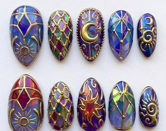 Handmade Press On Nails | Cosmic Power Aesthetic | 3D Gold Celestial Symbols, Stained Glass Art & Mystical Sun Moon Set