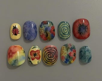 Psychedelic Watercolor Art Press Ons | Ladybug & Swirl Abstract Nails | Vibrant Summer Set