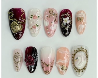 Romantic Swan & Baroque Love Nails | Vintage Gold Filigree And Rose 3D Press Ons