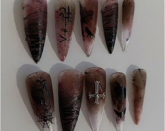 Handmade Gothic Horror Press On Nails | Silver Inverted Cross, Raven & Bloody Grunge Art | Dark Metal Long Stiletto Set