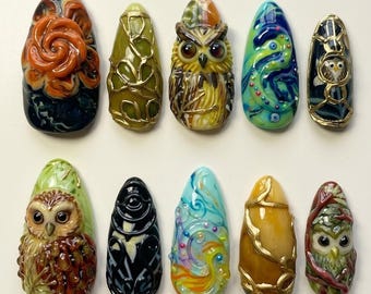 Handmade Press On Nails | Enchanted Forest Aesthetic | 3D Sculpted Owls, Golden Vines & Abstract Nature Art Set