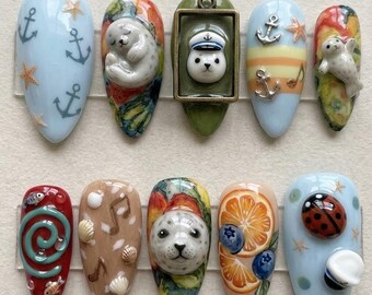 Handmade Press On Nails | Whimsical Nautical Voyage | 3D Seal Captain, Anchor & Summer Fruit Art