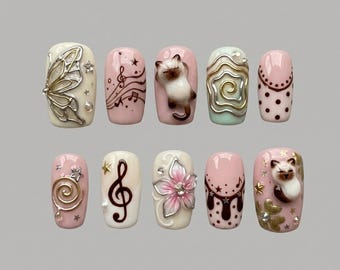Handmade Press On Nails | Vintage Coquette | 3D Cute Siamese Cats, Musical Notes, Metallic Silver Butterfly Wings & Dainty Pink Floral Set