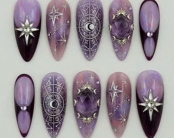Handmade Purple Celestial Zodiac Press On Nails | Mystic Moon & Star 3D Art | Amethyst Gemstone And Silver Astrology Nail Set