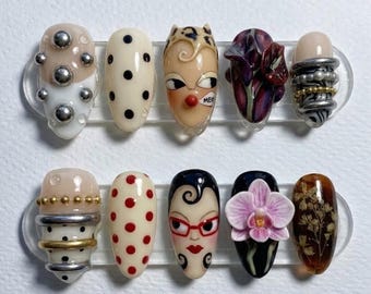 Handmade Press On Nails | Avant-Garde Pop Art Aesthetic | 3D Abstract Portraits, Polka Dots & Chunky Chrome Hardware