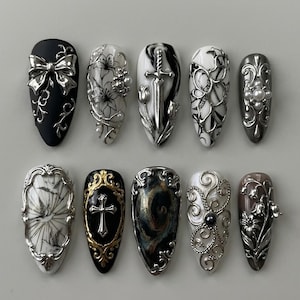 Handmade Press On Nails | Gothic Armor Aesthetic | 3D Silver Sword, Knight's Shield, Lily of the Valley & Antique Filigree Set
