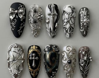 Handmade Press On Nails | Gothic Armor Aesthetic | 3D Silver Sword, Knight's Shield, Lily of the Valley & Antique Filigree Set