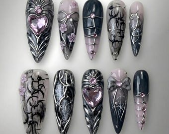 Handmade Press On Nails | Dark Coquette And Cyber-Gothic | 3D Pink Crystal Heart, Metallic Silver Chrome, Tribal Art & Ribbon Bow Set
