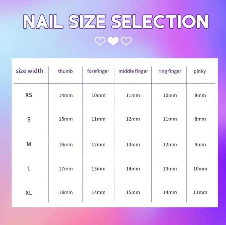 May include: A chart titled "NAIL SIZE SELECTION" with a gradient background. The chart lists nail sizes XS to XL, with corresponding measurements in millimeters for thumb, forefinger, middle finger, ring finger, and pinky. The chart is designed to help customers select the correct nail size.