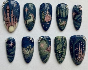 Handmade Press On Nails | Vintage Fairy Tale | Hand Painted Swan Lake, Magical Castle, Dancing Prince & Princess, Unicorn Set
