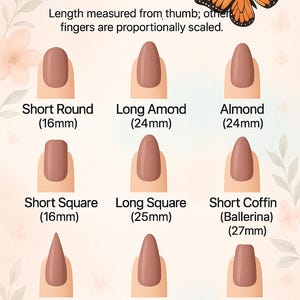 May include: A nail shape chart with nine different nail shapes, including Short Round, Long Almond, Almond, Short Square, Long Square, Short Coffin, Stiletto, Long Oval, and Long Coffin. Each shape is displayed with its length in millimeters. A butterfly graphic is in the upper right corner.