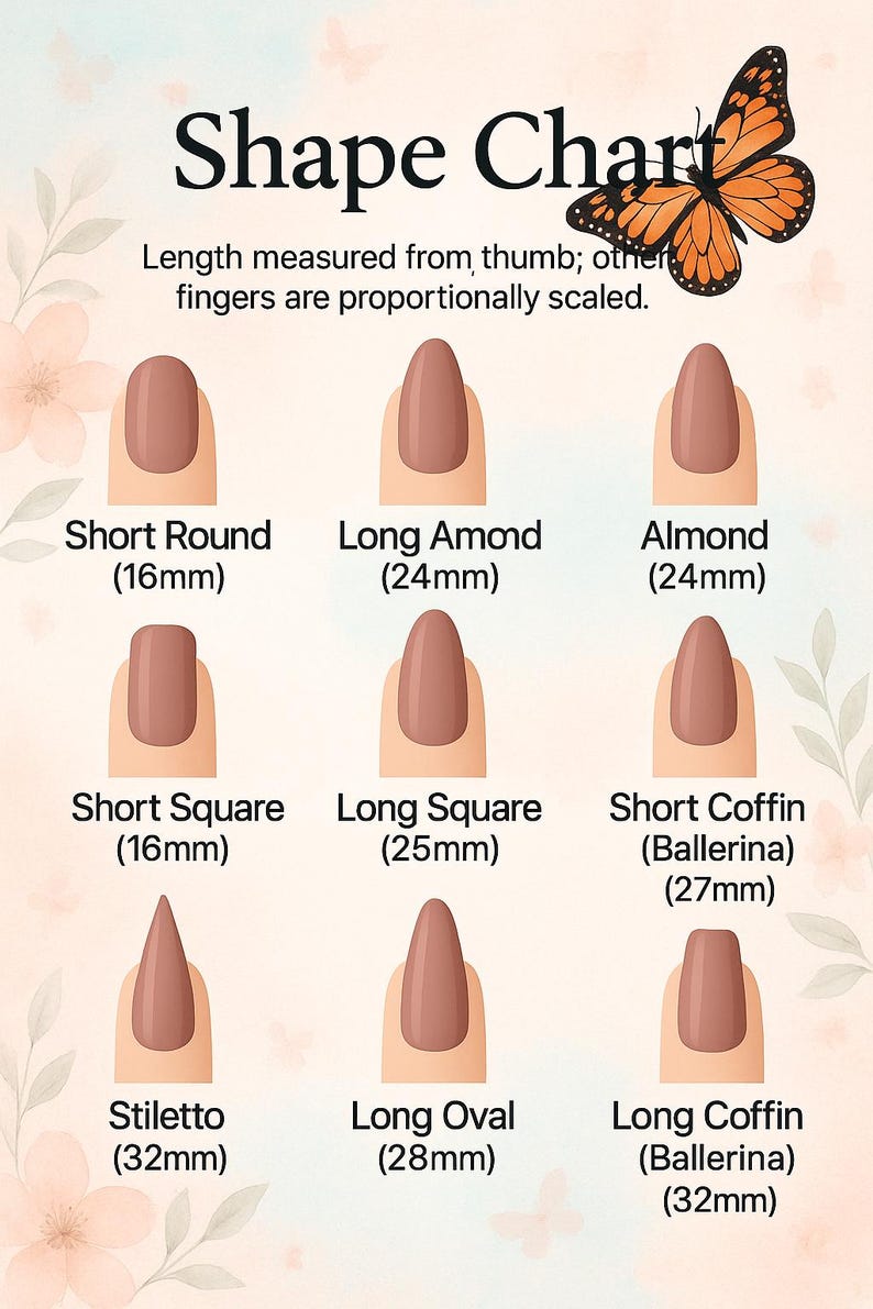May include: A nail shape chart with nine different nail shapes, including Short Round, Long Almond, Almond, Short Square, Long Square, Short Coffin, Stiletto, Long Oval, and Long Coffin. Each shape is displayed with its length in millimeters. A butterfly graphic is in the upper right corner.