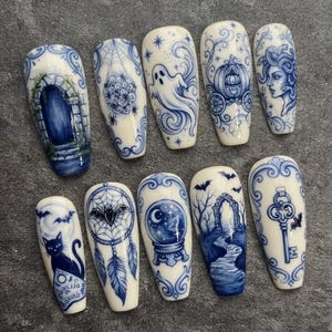 Blue Porcelain Vintage Halloween Press On Nails | Ghost Cat Crystal Ball Key Pottery Fake Nails