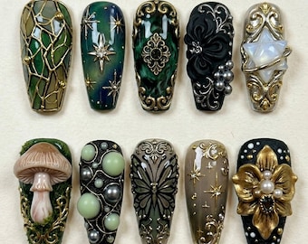 Handmade Press On Nails | Dark Enchantment Aesthetic | 3D Emerald Star, Sculpted Mushroom, Silver Filigree & Moonlit Butterfly Set