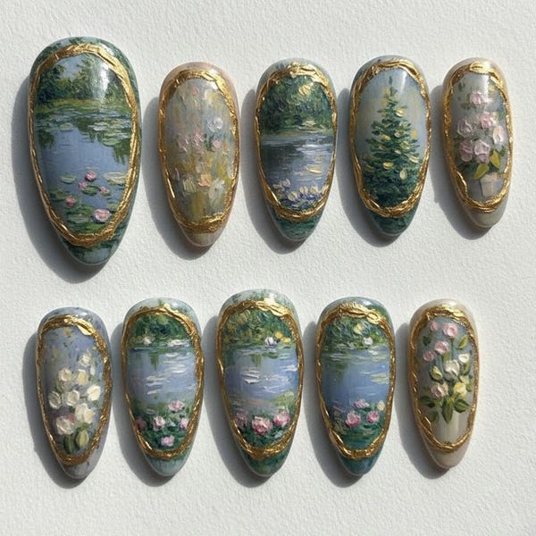 Handmade Monet Garden Press On Nails | Hand-painted Water Lilies & Pond Art | Luxury Gold Frame Impressionist Almond Set