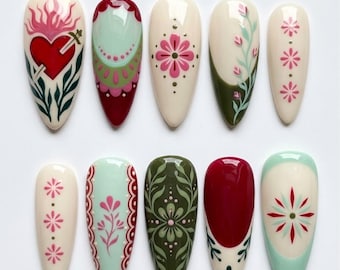 Handmade Press On Nails | Mexican Folk Art | Hand Painted Sacred Heart, Olive Green Botanicals & Pink Slavic Floral Embroidery Set