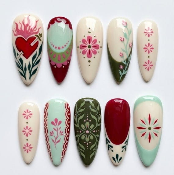 Handmade Press On Nails | Mexican Folk Art | Hand Painted Sacred Heart, Olive Green Botanicals & Pink Slavic Floral Embroidery Set