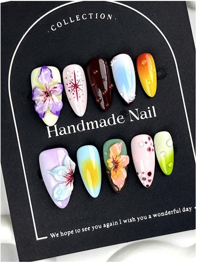 Y2K Short Almond Press On Nails, 3D Tie Dye French Tips With Hexagon Details, Hand-Painted Hot Girl Style For Women & Girls