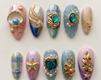 Handmade Press On Nails | Ocean Jewelry | 3D Golden Shell, Starfish, Pearl Heart & Iridescent Mermaid Set
