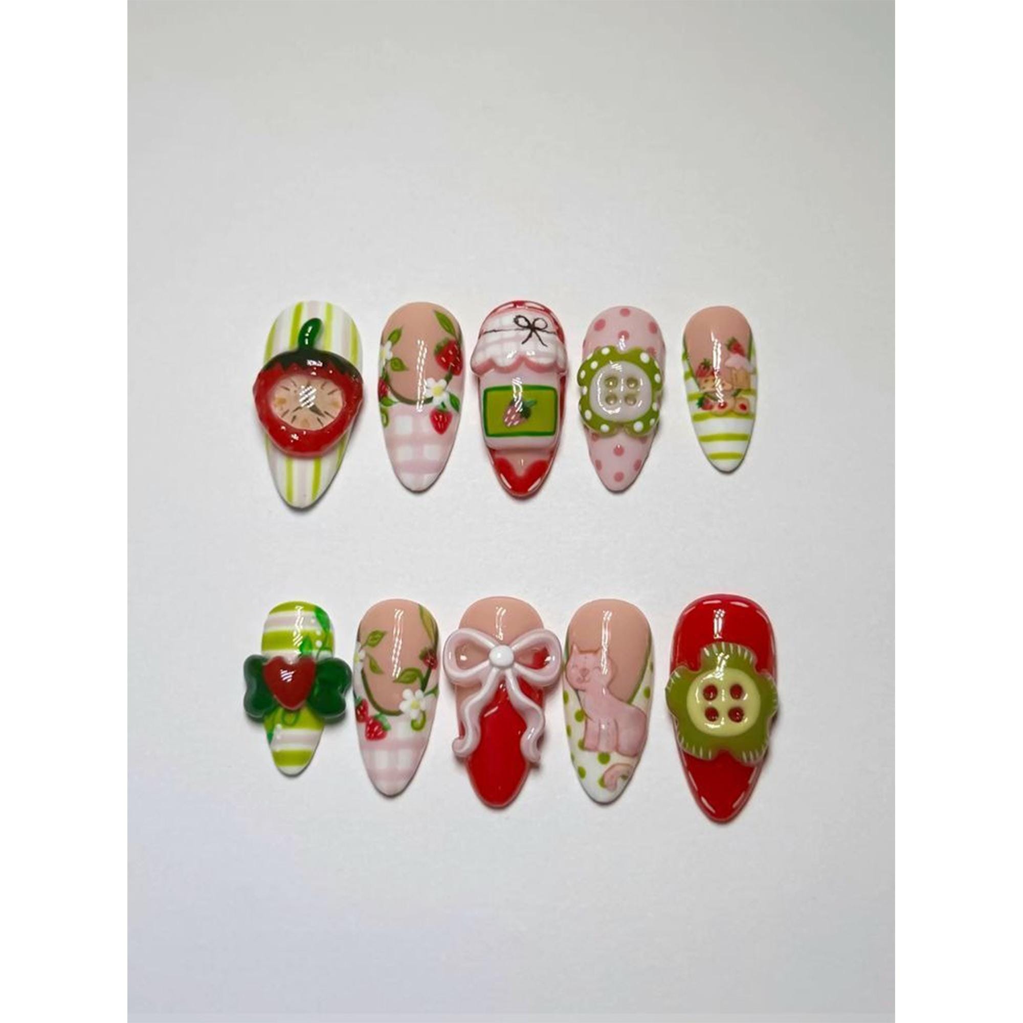 Handmade Cottagecore Strawberry Press On Nails | 3D Ribbons, Buttons & Cat Details | Pink Green Gingham Cute Nails for Picnic Lovers