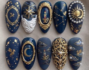 Celestial Dragon Vintage Navy Blue Press On Nails | 3D Gold Frame Sun Moon Star Candle Fake Nails