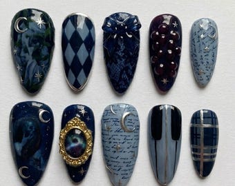 Handmade Press On Nails | Celestial Dark Academia Aesthetic | 3D Blue Bow, Galaxy Cameo, Harlequin & Starry Midnight Art Set