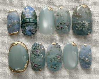 Handmade Monet Water Lilies Press On Nails | Impressionist Oil Painting Art | Luxury Sage Blue Garden & Gold Foil Oval Set
