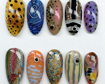 Handmade Press On Nails | Freshwater Fish | Hand Painted Rainbow Trout, Spotted Bass, 3D Fish Eye & Wildlife Angler Nail Set