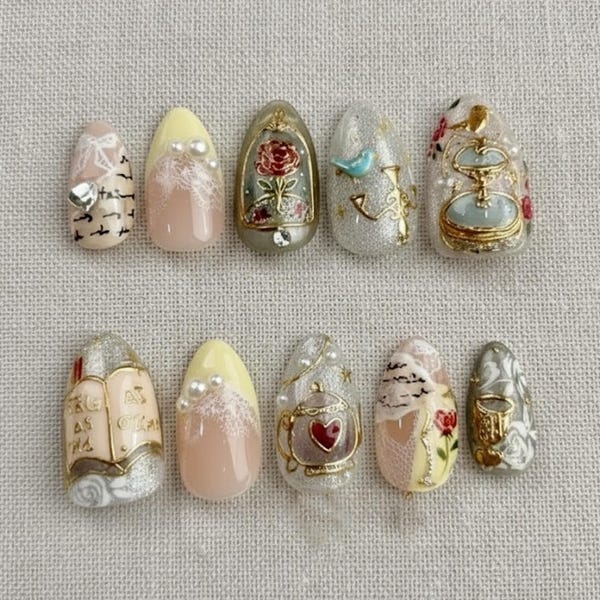 Handmade Vintage Tale Press On Nails | 3D Rose in Glass & Teapot Art | Luxury Antique Library Almond Set