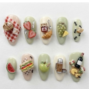 Handmade Press On Nails | Ultimate Summer Picnic | 3D Gingham Basket, Sandwich, Wine and Cheese, Cute Ants and Sage Green Cottagecore Set