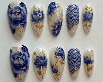 Handmade Blue and White Porcelain Press On Nails | Luxury 3D Gold Floral & Wave Art | Oriental Elegant Almond Set