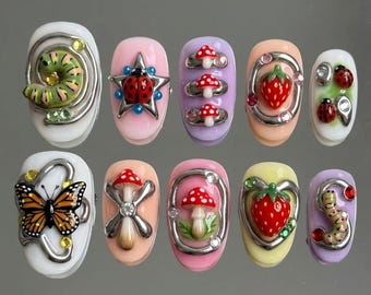 Handmade Press On Nails | Whimsical Garden Aesthetic | 3D Strawberry, Mushroom & Butterfly Chrome Art