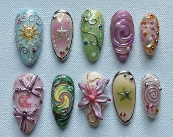 Handmade Celestial Fantasy Nails | 3D Lily, Dragonfly & Star Pop Press On