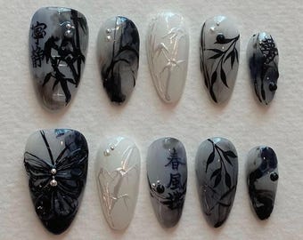 Handmade Oriental Press On Nails | Black Bamboo, Calligraphy & Butterfly 3D Art | Almond Nails For Elegant Minimalist Vibe