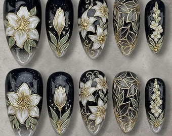 Handmade Dark Moonlight Garden Press On Nails | 3D White Lily & Tulip Floral Art | Gothic Black Glitters Almond Nail Set