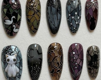Handmade Press On Nails | Gothic Stained Glass Aesthetic | 3D White Cat, Swan Lake, Dark Floral & Mystical Mosaic Art Set