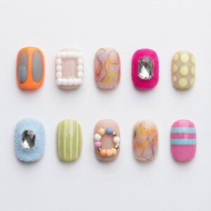 Handmade Press On Nails | Harajuku Kawaii Short Set | 3D Fuzzy Velvet Textures, Pastel Bead Ring, Colorful Scribble Loang & Retro Polka Dots
