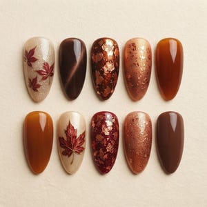 Cozy Warm Autumn Maple Leaf Press On Nails | Amber Cat Eye Glitter Fall Foil Fake Nails
