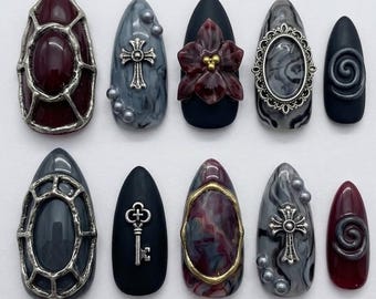 Handmade Press On Nails | Gothic Relic Aesthetic | 3D Silver Crosses, Antique Key, Deep Garnet Gems & Black Marble Art Set