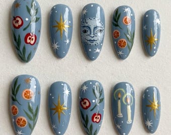 Handmade Press On Nails | Celestial Folklore Aesthetic | Hand-painted Man in the Moon, Winter Apples, Oranges & Golden Stars Set