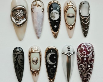 Dark Knight Victorian Press Ons | Silver Skull, Sword, Full Moon & Eye Charm Nails | Gothic Set