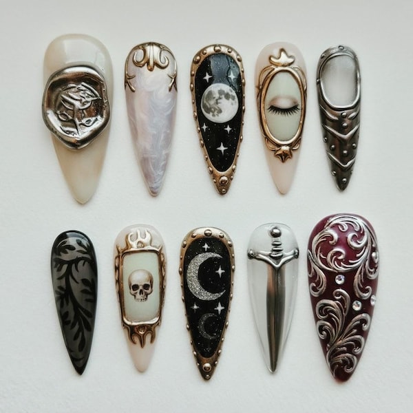 Dark Knight Victorian Press Ons | Silver Skull, Sword, Full Moon & Eye Charm Nails | Gothic Set