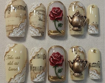 Handmade Tale As Old As Time Press On Nails | 3D Enchanted Rose And Tea Pot Art | Luxury Vintage Sheet Music & Lace Square Set