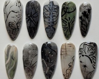 Handmade Gothic Nature Press On Nails | Skeleton, Butterflies & Forest Silhouettes In Greyscale | Almond Nails For Moody Art Vibe
