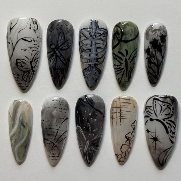 Handmade Gothic Nature Press On Nails | Skeleton, Butterflies & Forest Silhouettes In Greyscale | Almond Nails For Moody Art Vibe