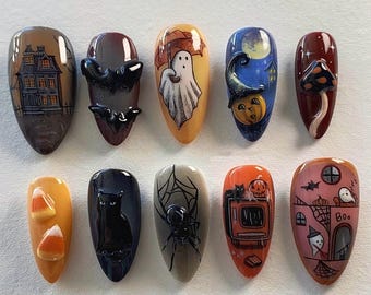 Haunted House Halloween Press On Nails | 3D Bat, Spider, Candy Corn Art | Spooky Ghosts, Pumpkins & Witch Details | Handmade Fall Set